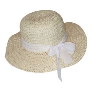 Women Summer Straw Sun Hat 13.5" Travel Beach UV Protection Wide Brim Ribbon Tan